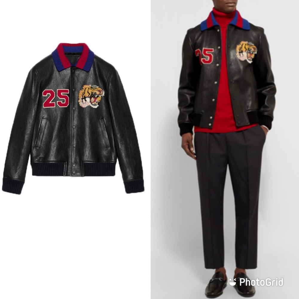 NWOT!Gucci Black Tiger Head Embroidered Leather Bomber Jacket